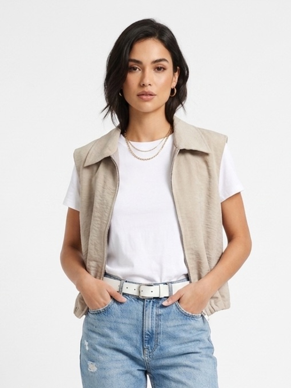 Cropped Sleeveless Zip-Front Tank in Light Beige